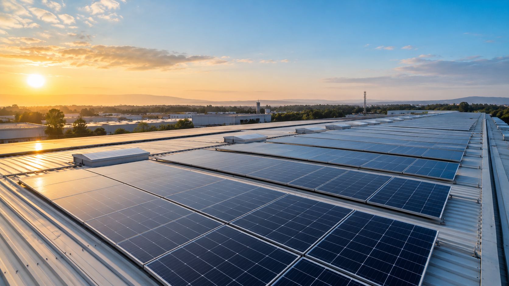 Rooftop solar installation at sunrise on an industrial facility