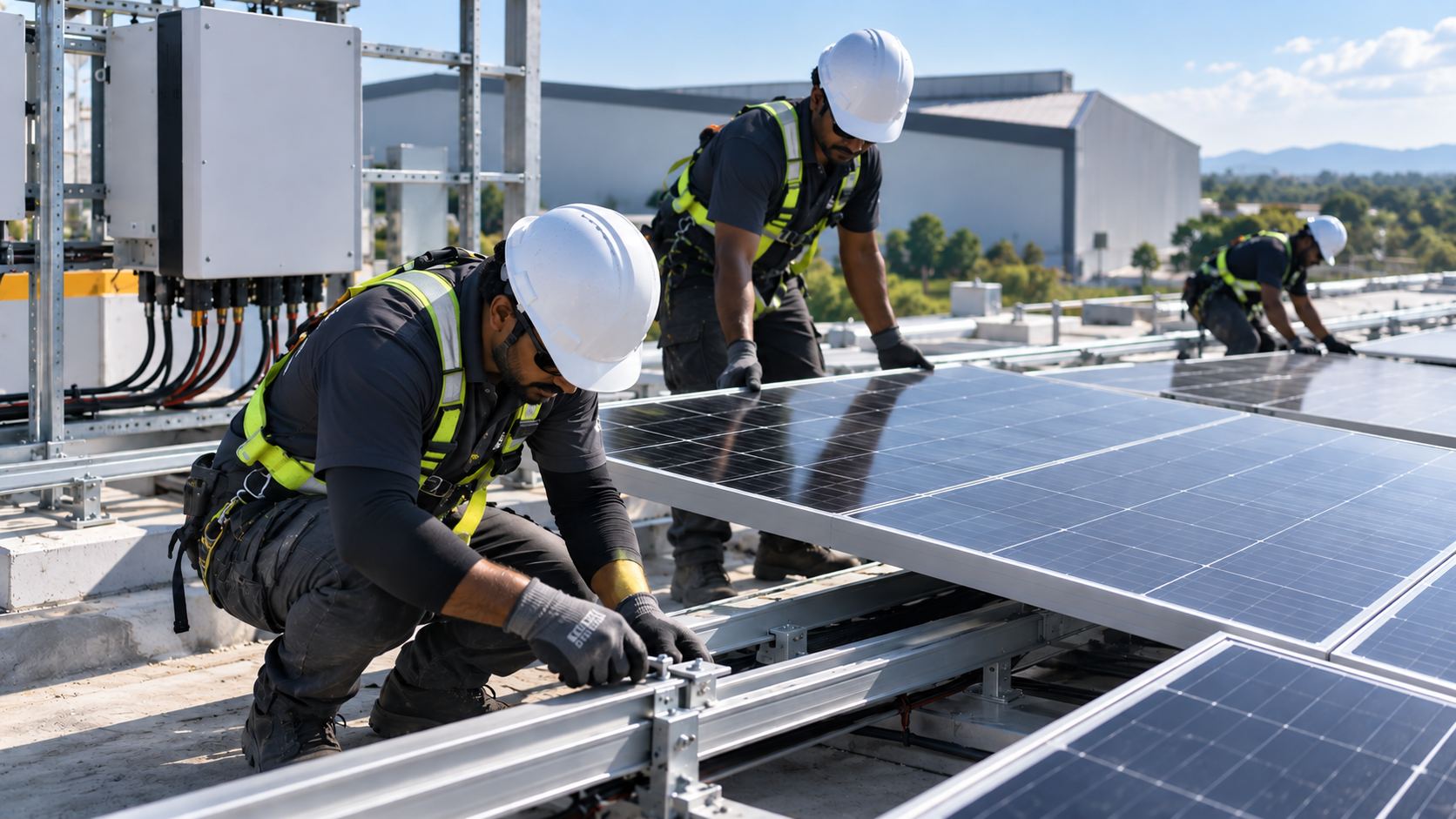 Gold Bell technicians installing rooftop solar panels